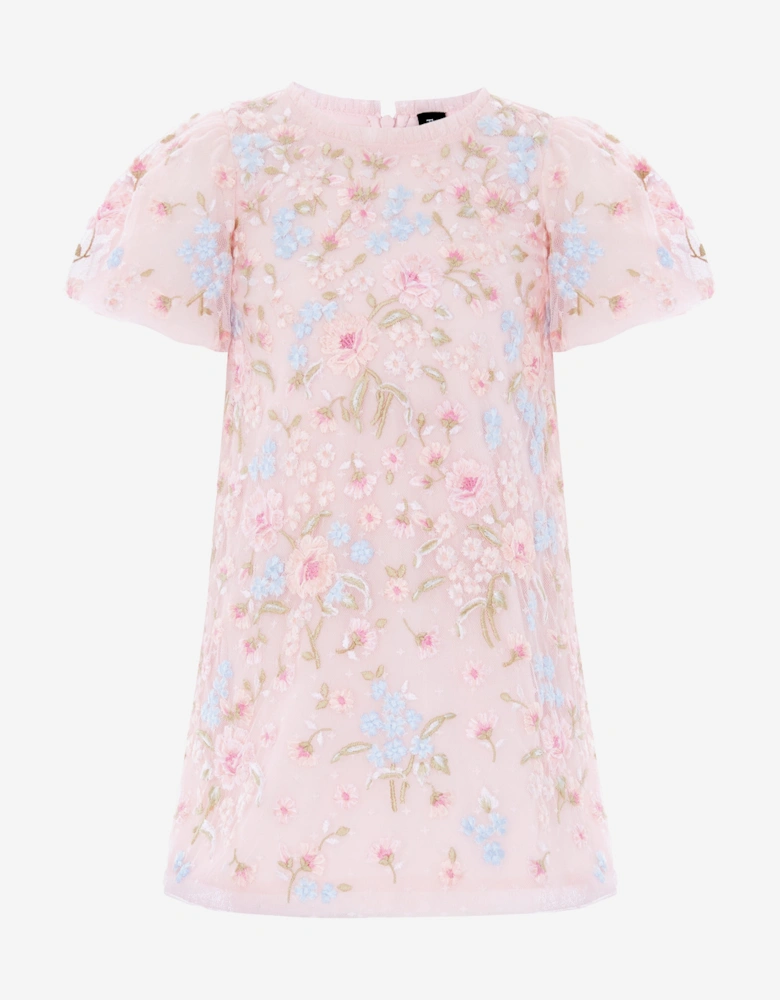 Needle & Thread Girls Peony Bouquet Puff Sleeve Dress in Pink