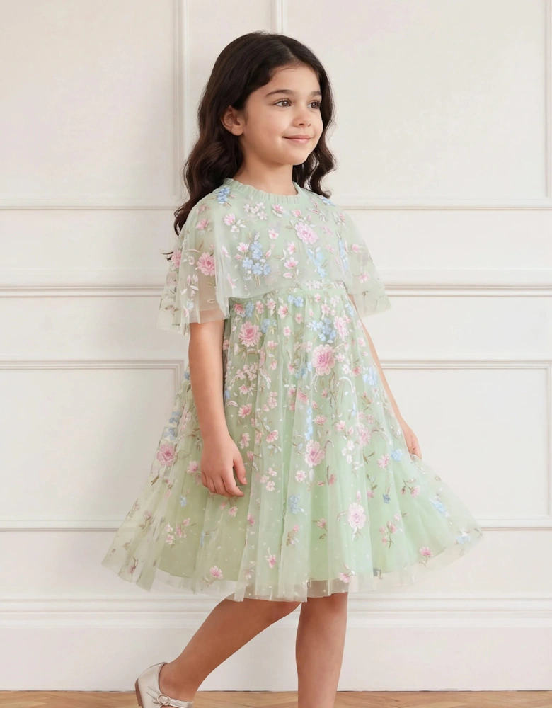 Needle & Thread Girls Peony Bouquet Cape Dress in Green
