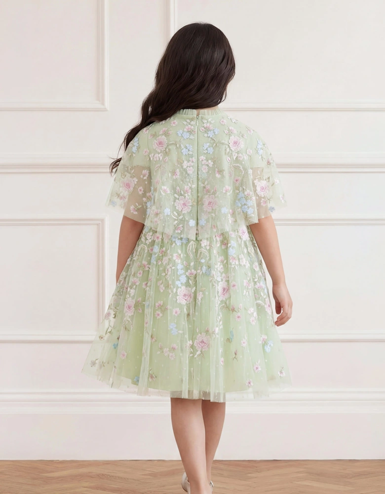 Needle & Thread Girls Peony Bouquet Cape Dress in Green