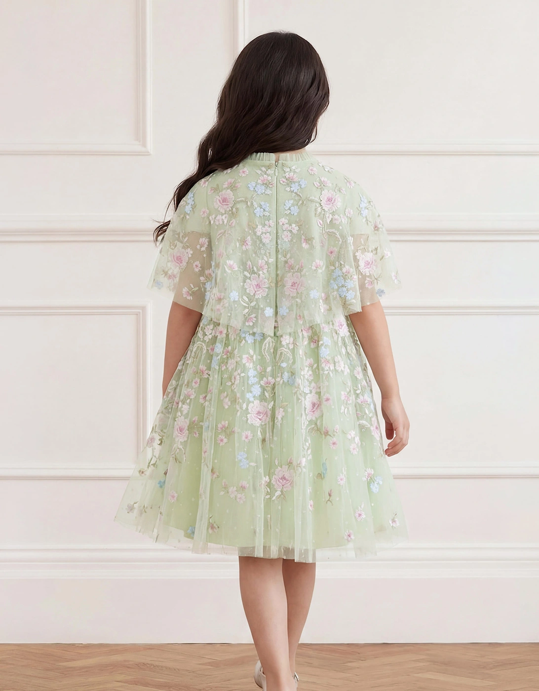 Needle & Thread Girls Peony Bouquet Cape Dress in Green