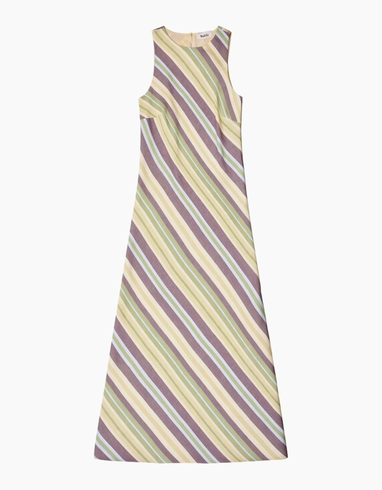 Petite Green Stripe Racer-Neck Tie Back Dress With Linen