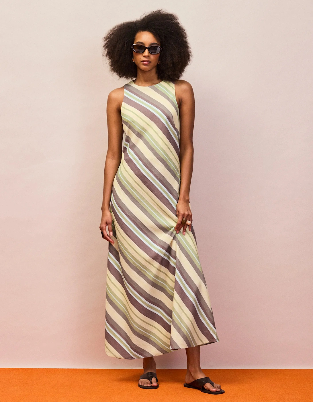 Petite Green Stripe Racer-Neck Tie Back Dress With Linen
