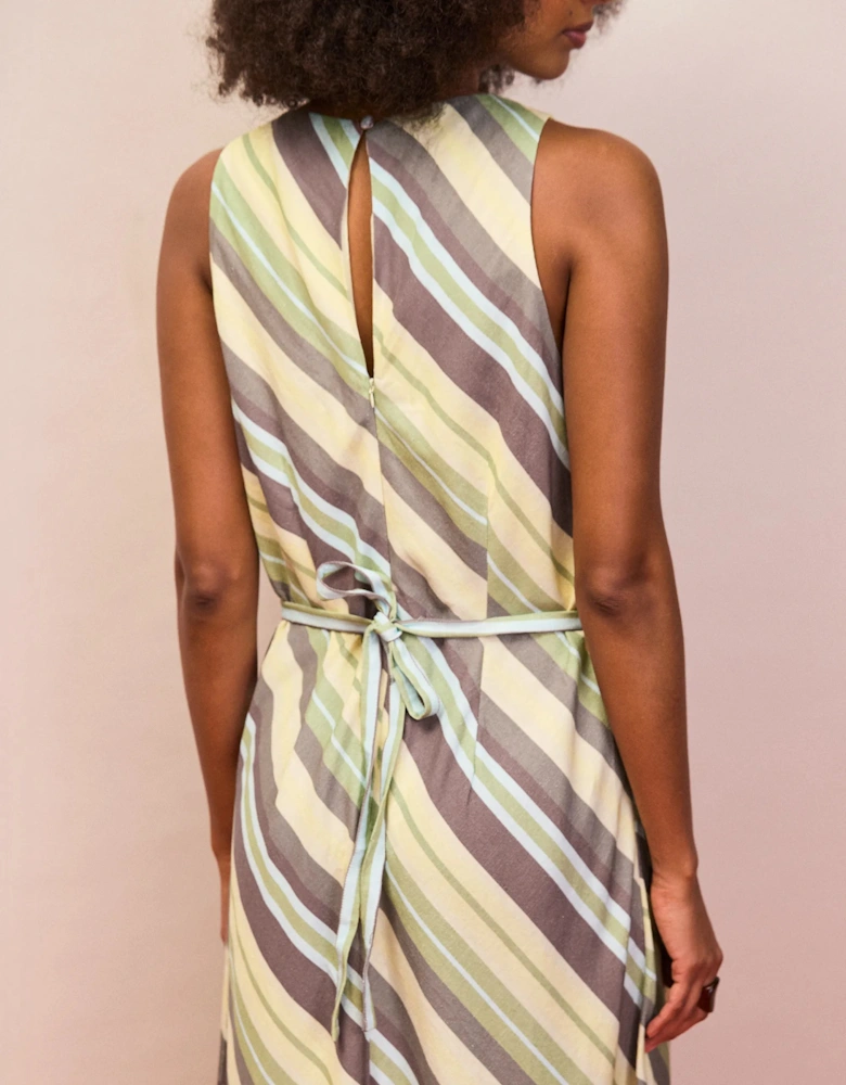 Petite Green Stripe Racer-Neck Tie Back Dress With Linen