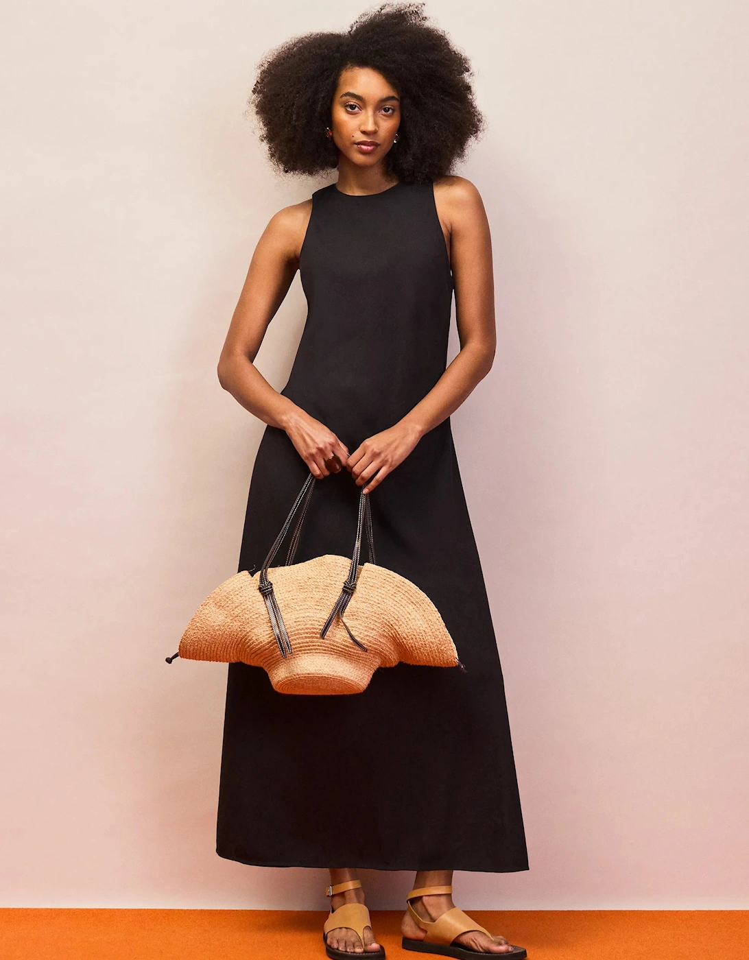 Petite Black Racer-Neck Tie Back Dress With Linen