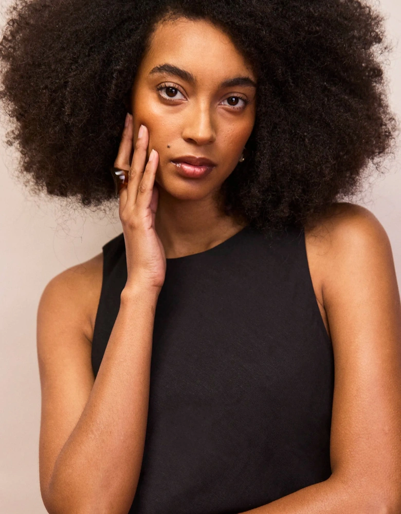 Petite Black Racer-Neck Tie Back Dress With Linen
