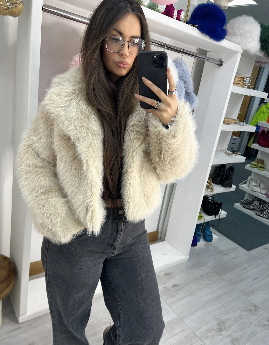 Black Bamboo Blend Faux Fur Cropped Natalie Jacket, 2 of 1