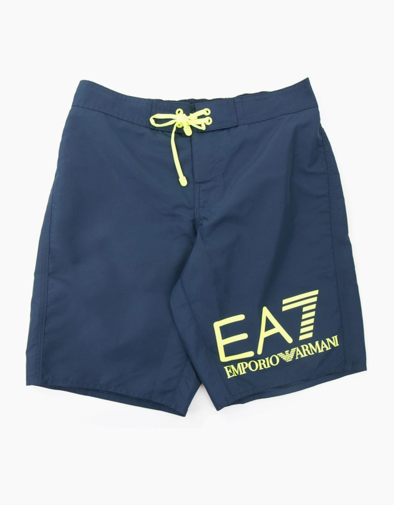 EA7 Neon Yellow Logo Swim Shorts Navy Blue