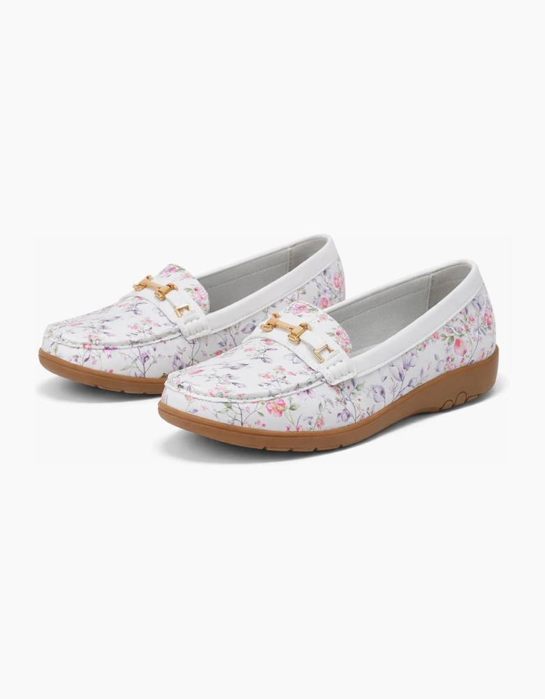 Ladies Buckle Loafers Floral White