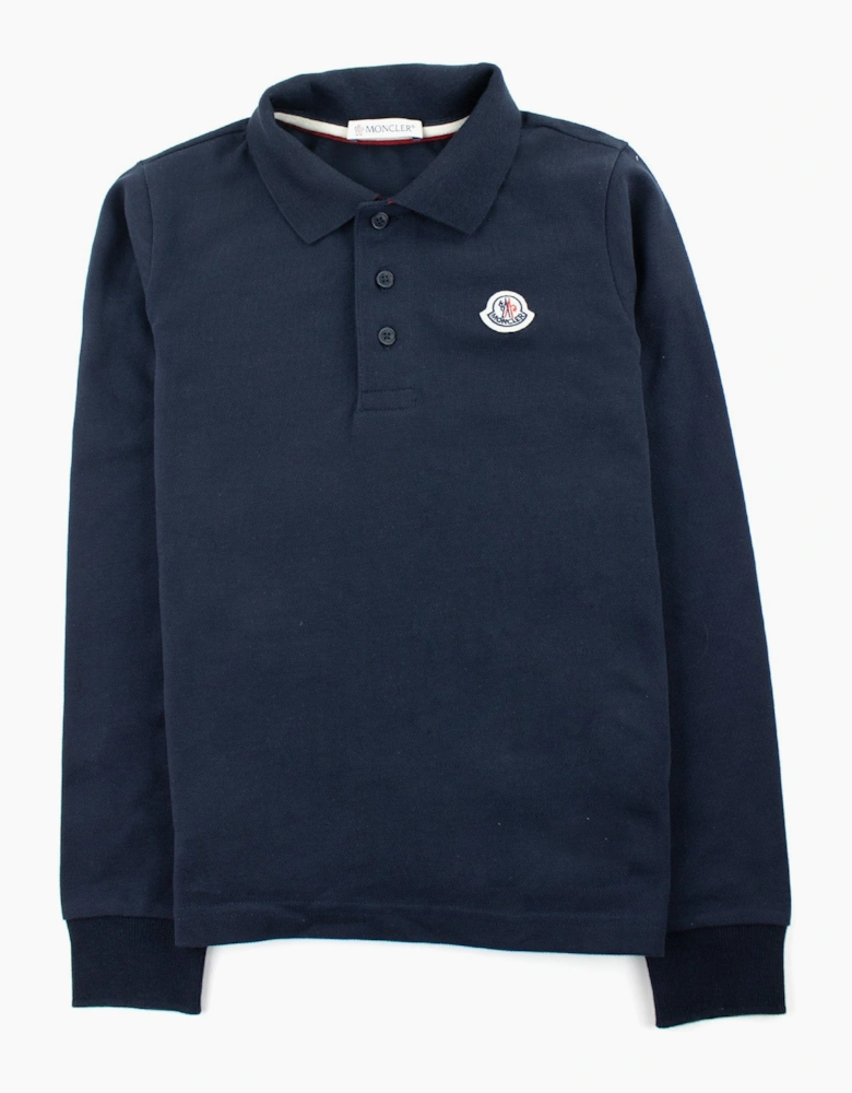 Moncler Junior Logo Collar Long Sleeve Sleeve Polo Navy