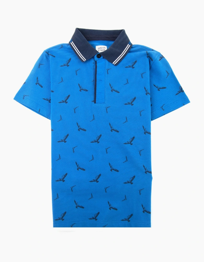 Armani Junior All Over Eagle Print Polo Shirt Blue