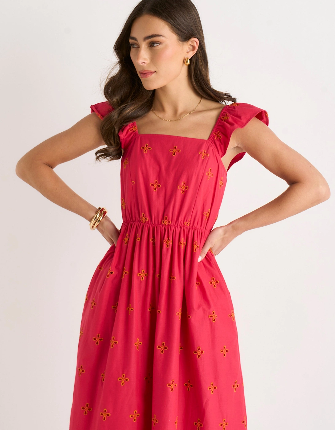 Pink Ruffle Sleeves Broderie Sun Dress