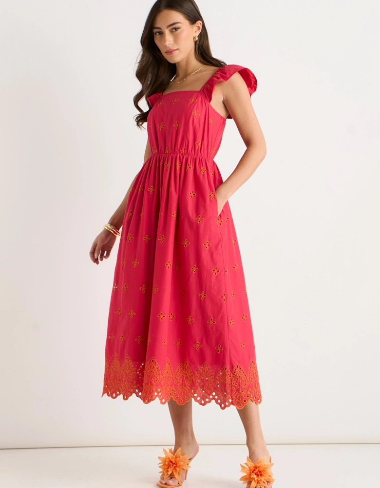 Pink Ruffle Sleeves Broderie Sun Dress