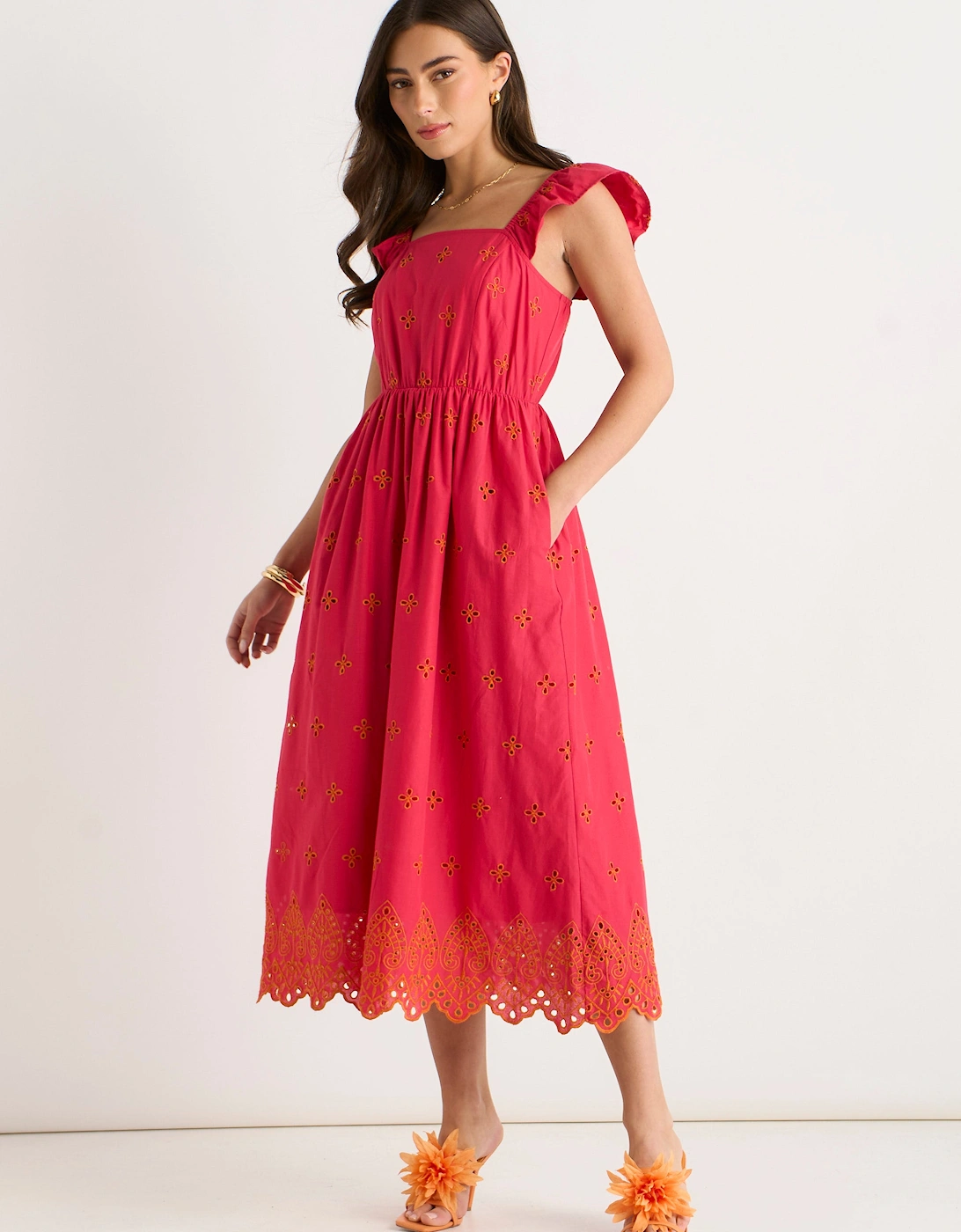 Pink Ruffle Sleeves Broderie Sun Dress