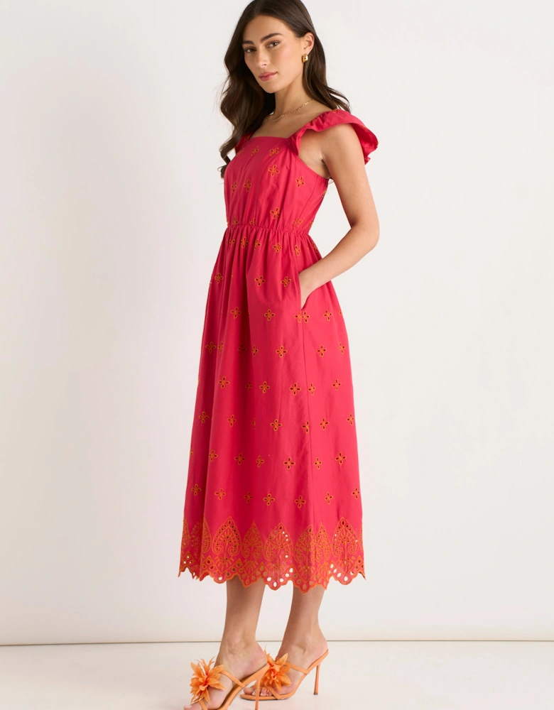 Pink Ruffle Sleeves Broderie Sun Dress