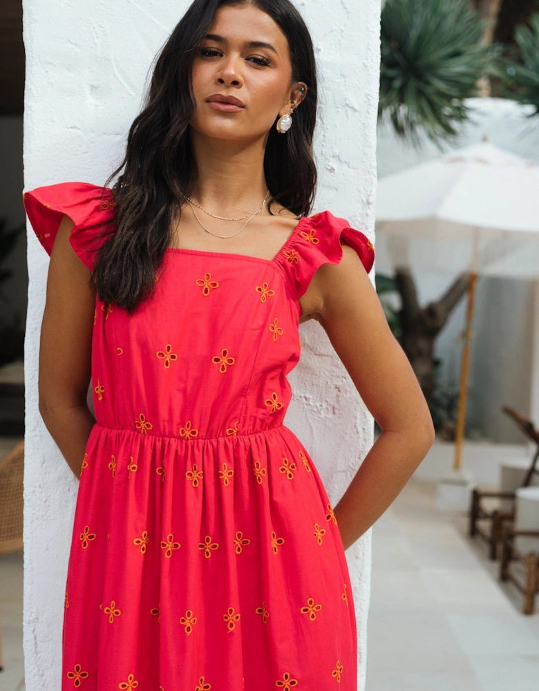 Pink Ruffle Sleeves Broderie Sun Dress