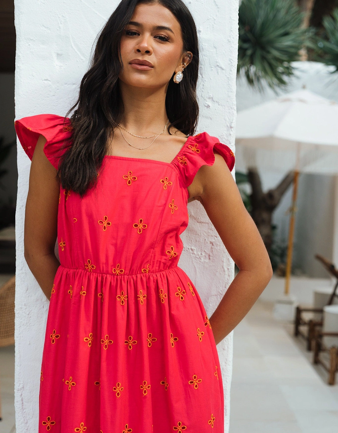 Pink Ruffle Sleeves Broderie Sun Dress