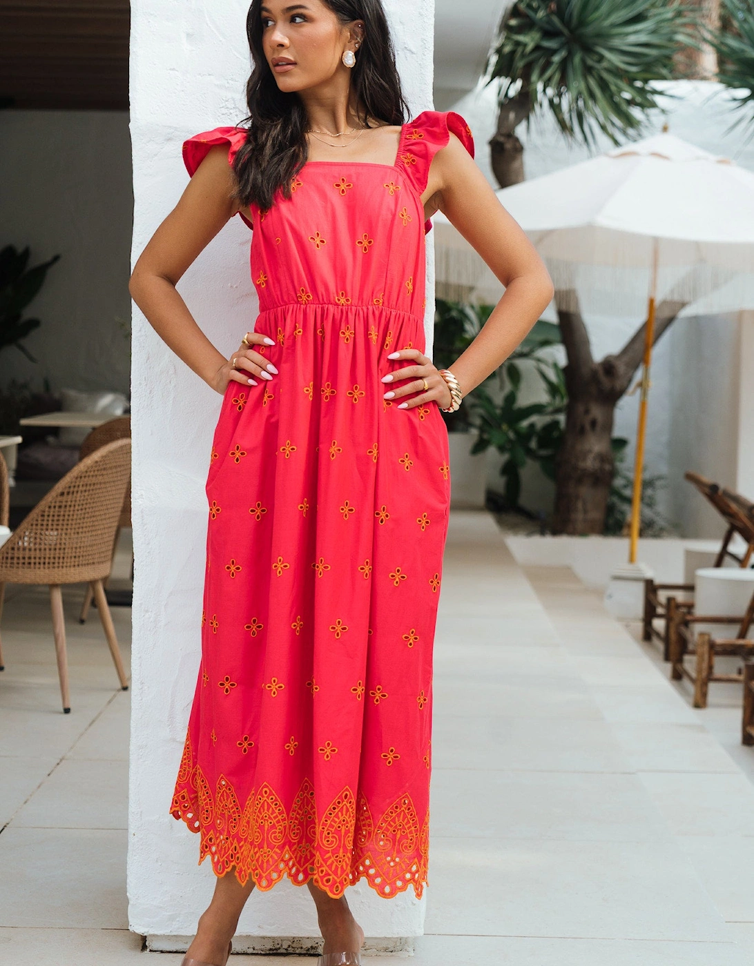 Pink Ruffle Sleeves Broderie Sun Dress