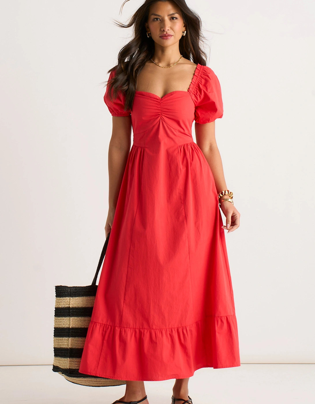Red Gypsy Puff Sleeves Cotton Midaxi Dress