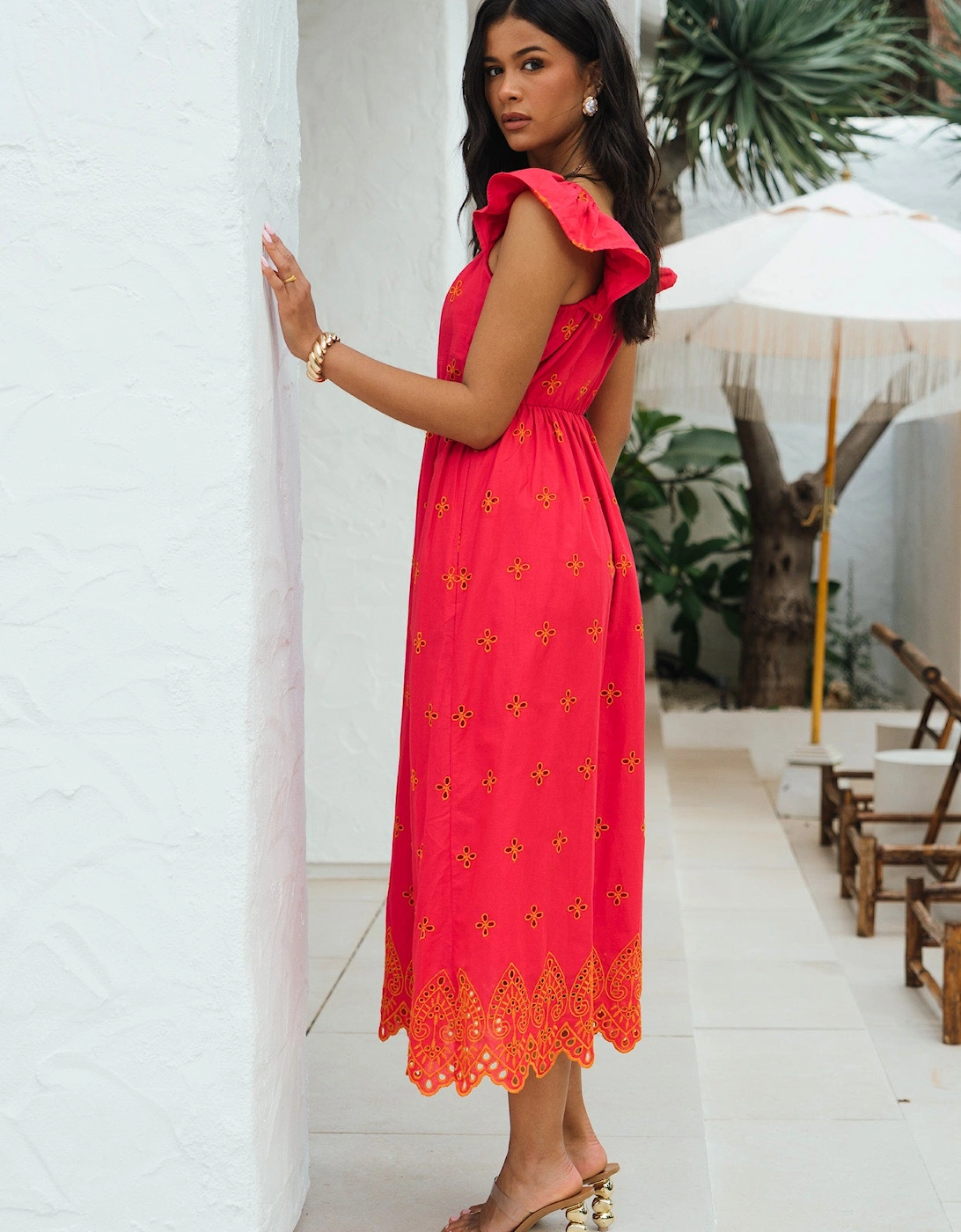 Pink Ruffle Sleeves Broderie Sun Dress
