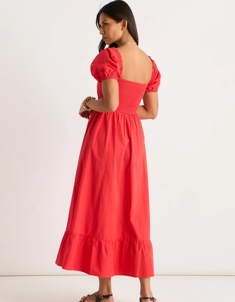 Red Gypsy Puff Sleeves Cotton Midaxi Dress