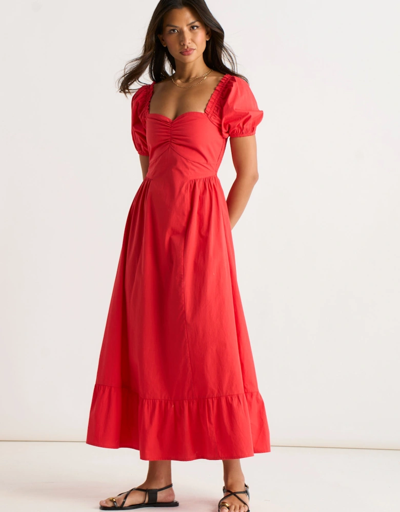 Red Gypsy Puff Sleeves Cotton Midaxi Dress