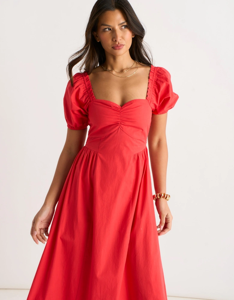 Red Gypsy Puff Sleeves Cotton Midaxi Dress