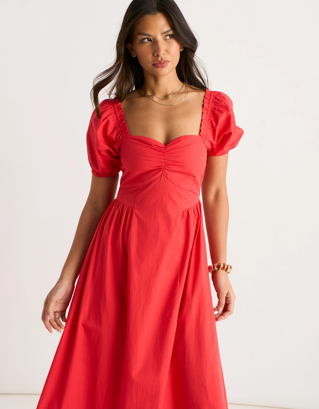 Red Gypsy Puff Sleeves Cotton Midaxi Dress