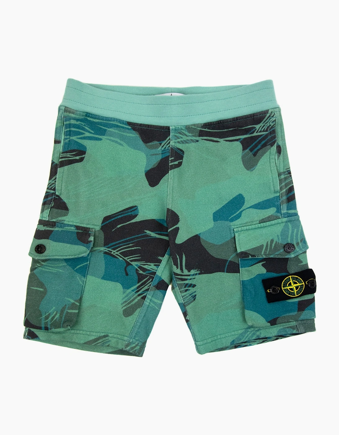 Stone Island Junior 62420 Jungle Camo Cargo Sweat Shorts Emerald Green V0056