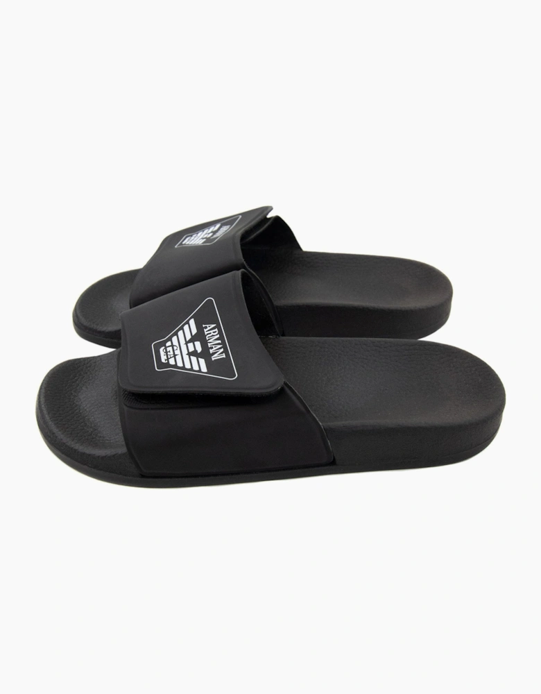 Armani Junior Logo Leather Sliders Black