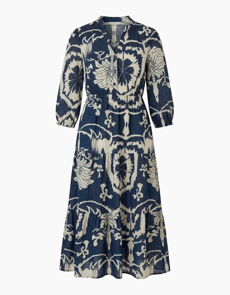 Navy Ornamental Print Tiered Midi Dress