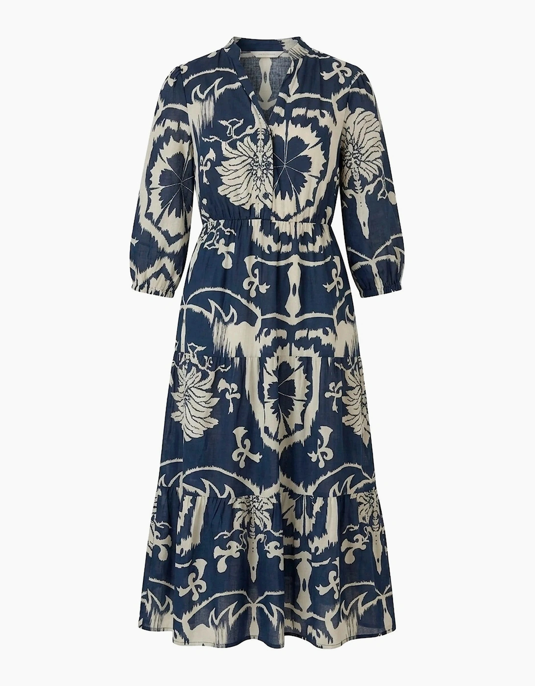 Navy Ornamental Print Tiered Midi Dress