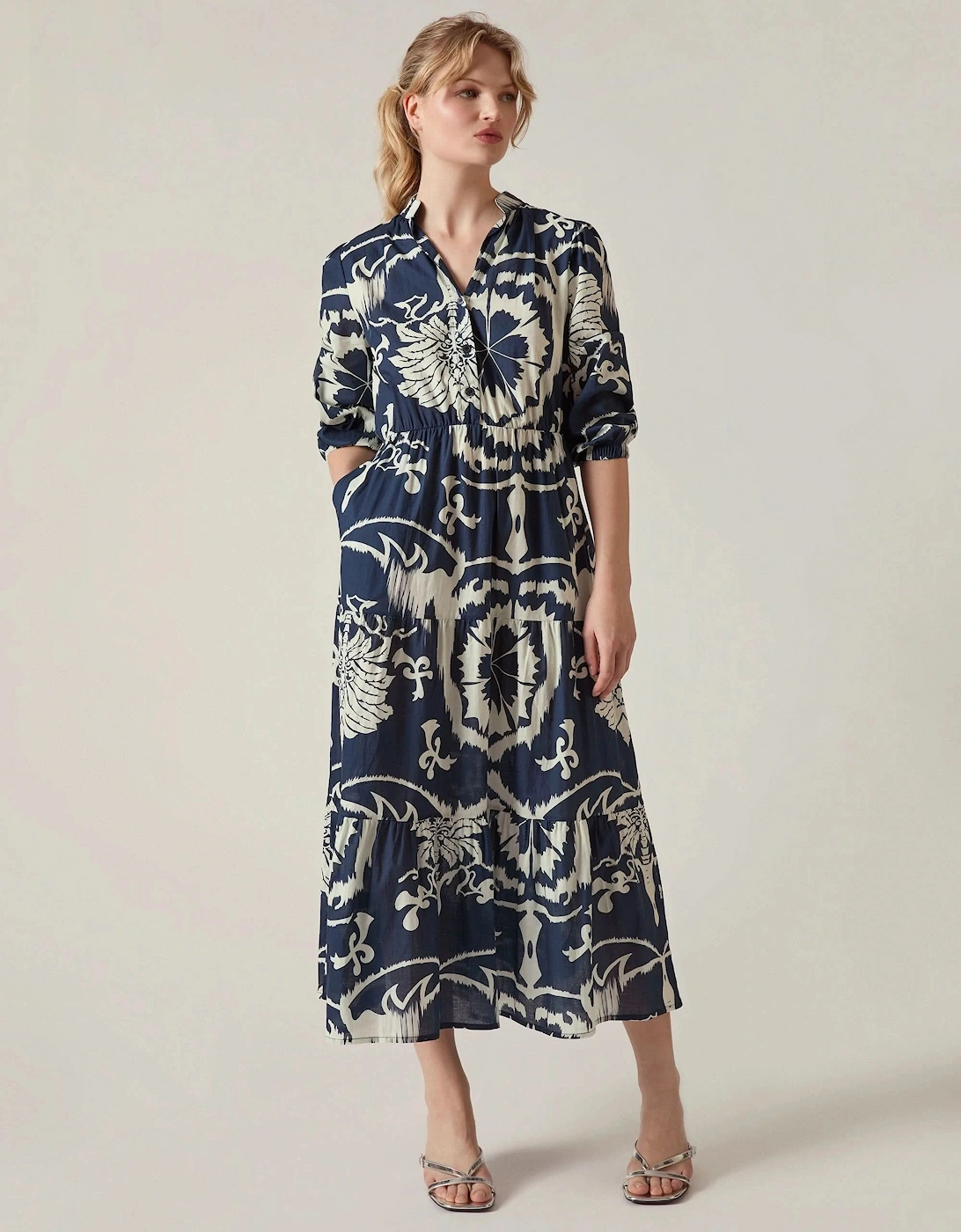 Navy Ornamental Print Tiered Midi Dress