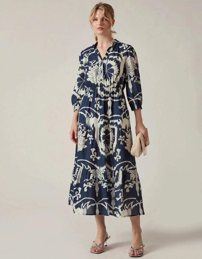Navy Ornamental Print Tiered Midi Dress