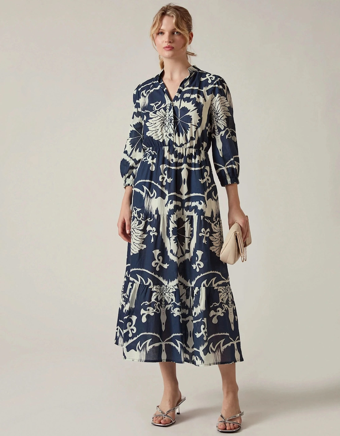Navy Ornamental Print Tiered Midi Dress