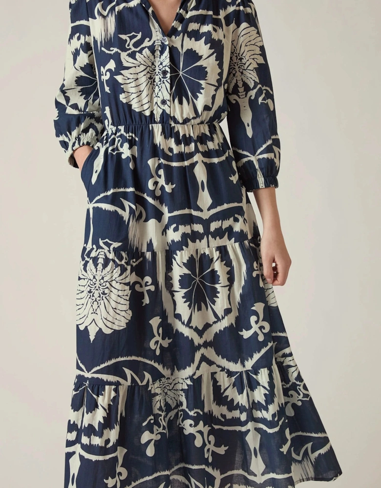Navy Ornamental Print Tiered Midi Dress