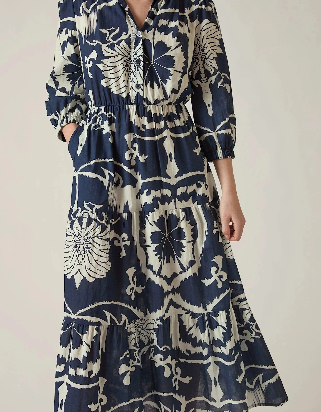 Navy Ornamental Print Tiered Midi Dress