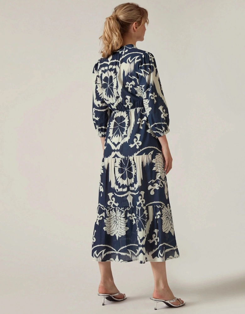 Navy Ornamental Print Tiered Midi Dress
