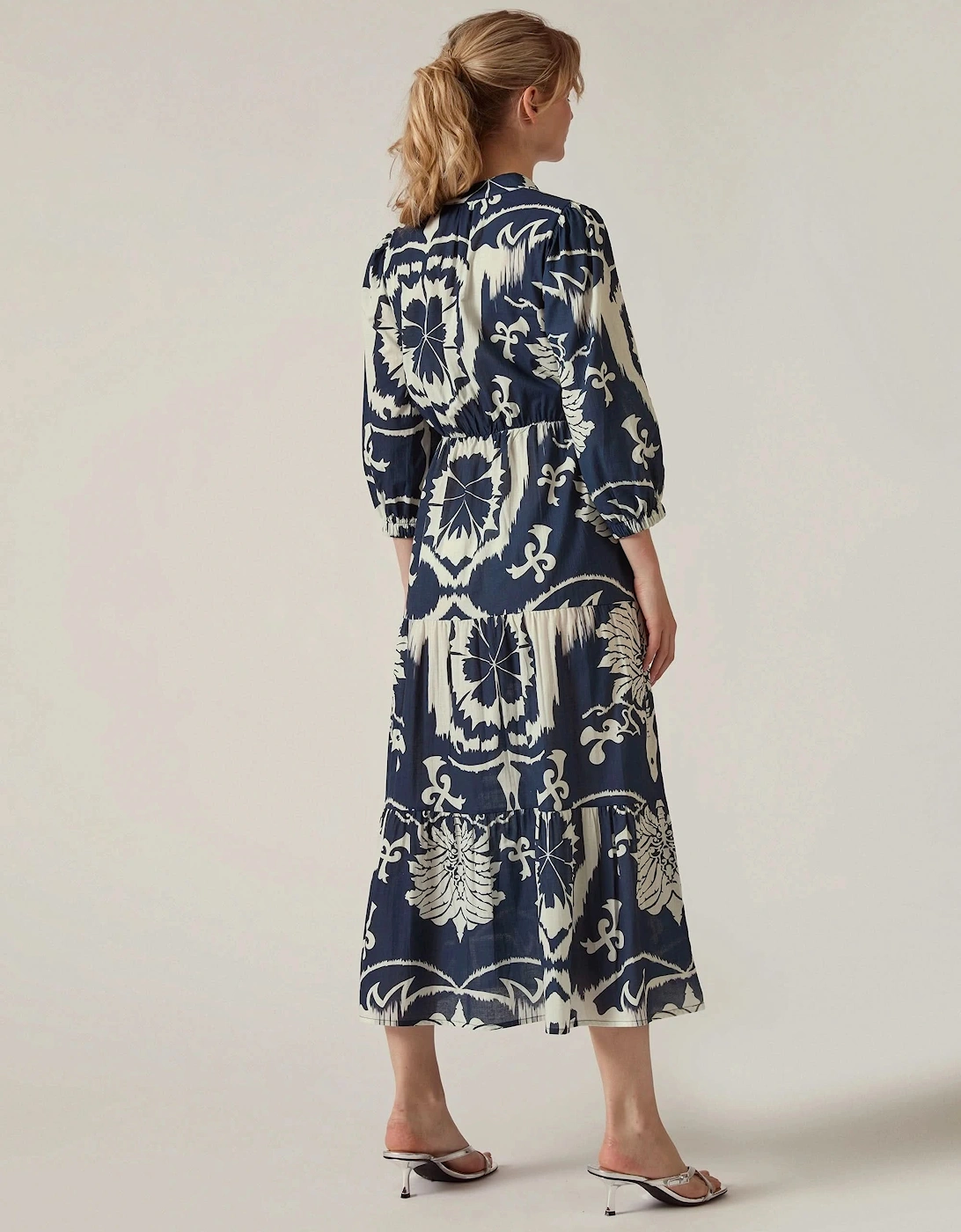 Navy Ornamental Print Tiered Midi Dress