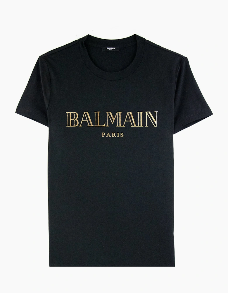 Balmain Logo Print Cotton T Shirt Black/gold