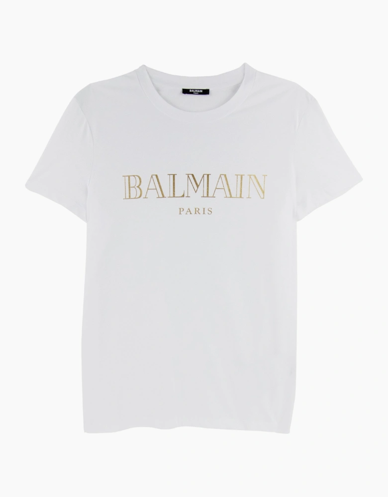 Balmain Logo Print Cotton T Shirt White/gold