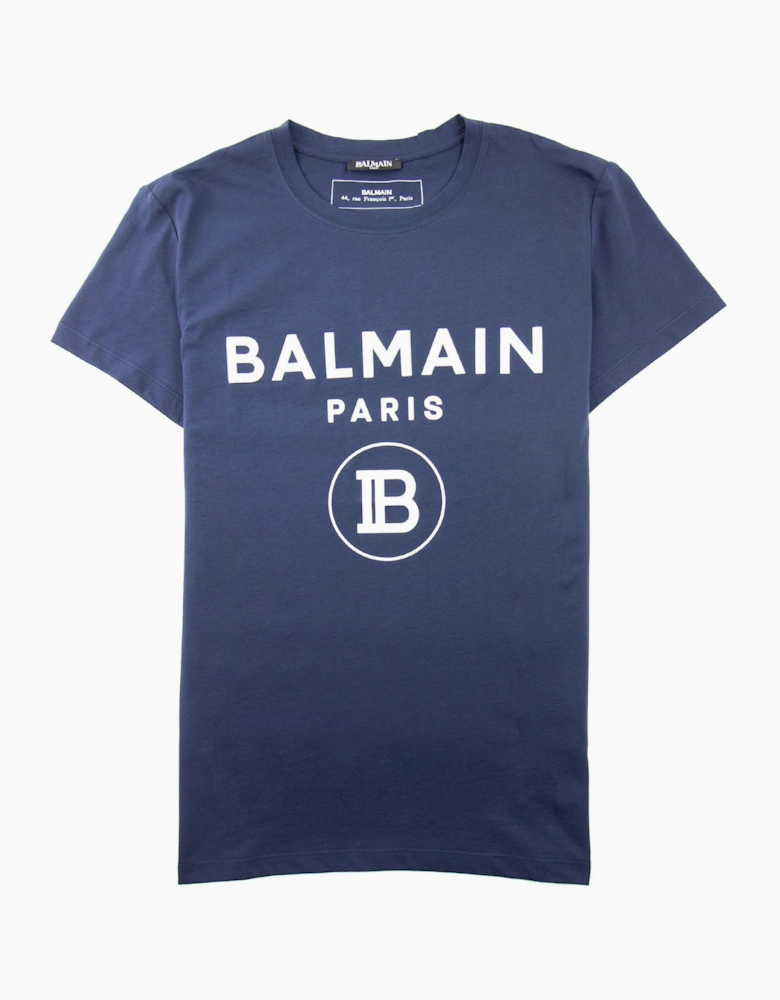 Balmain Printed White Velvet Logo T-Shirt Navy