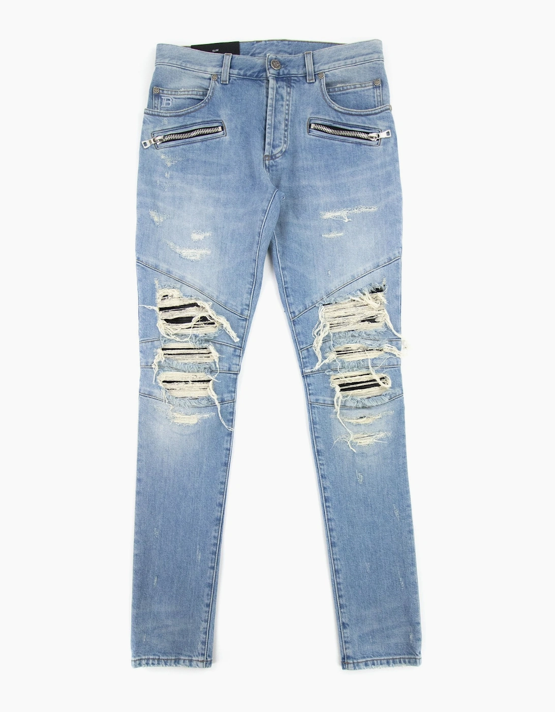 Balmain Slim Cut Ripped Cotton Jeans Denim