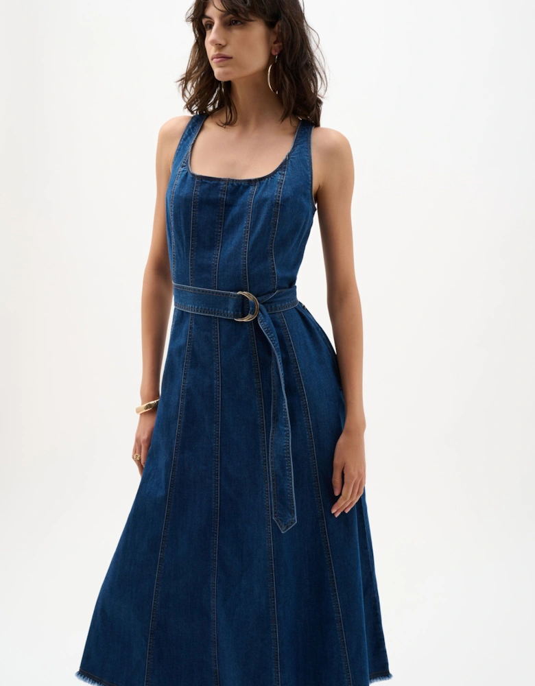 Midi fit and flare denim dress with belt