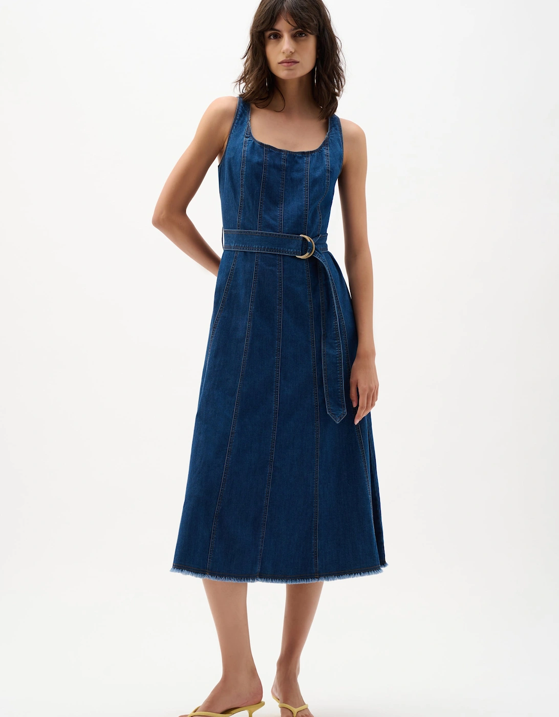 Midi fit and flare denim dress with belt