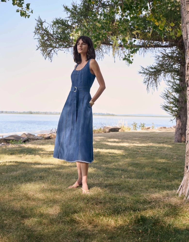Midi fit and flare denim dress with belt