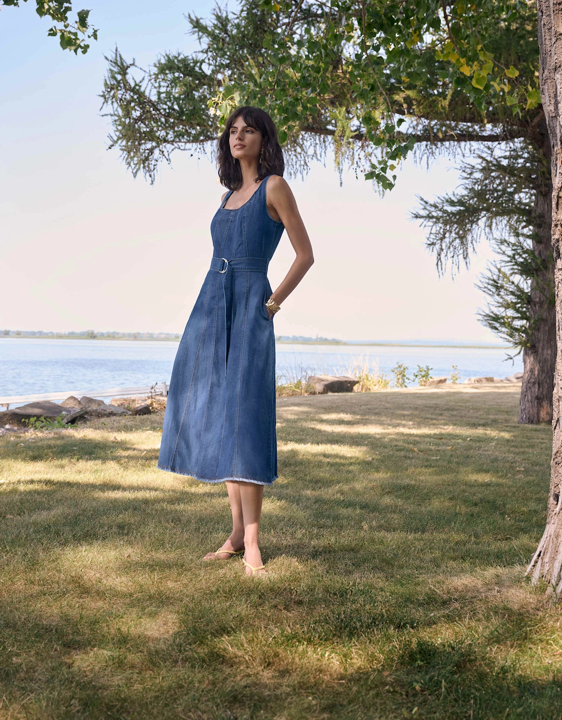 Midi fit and flare denim dress with belt