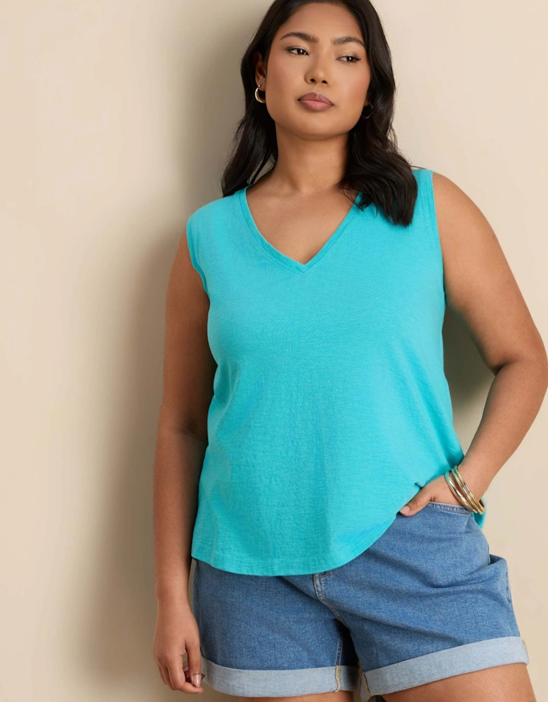 Blue Cotton Slub V Neck Vest With Curved Hem