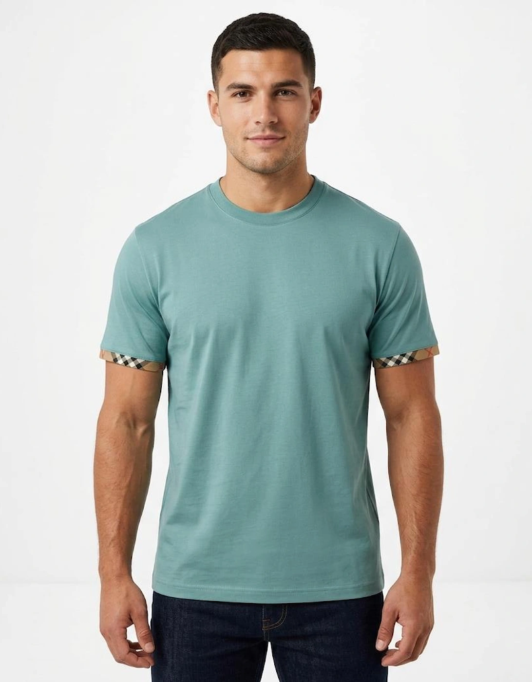 Burberry Ellison Check Sleeves T Shirt Aqua Green