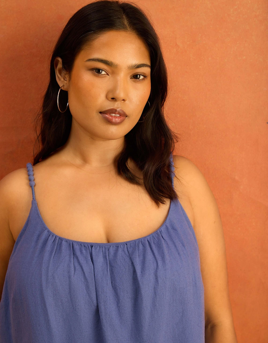 Blue Bobble Linen Blend Trim Cami