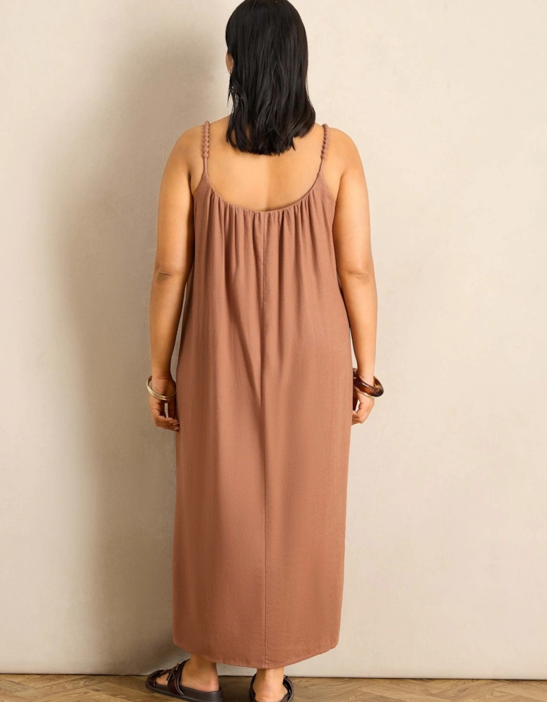 Tan Linen Blend Bobble Trim Maxi Dress
